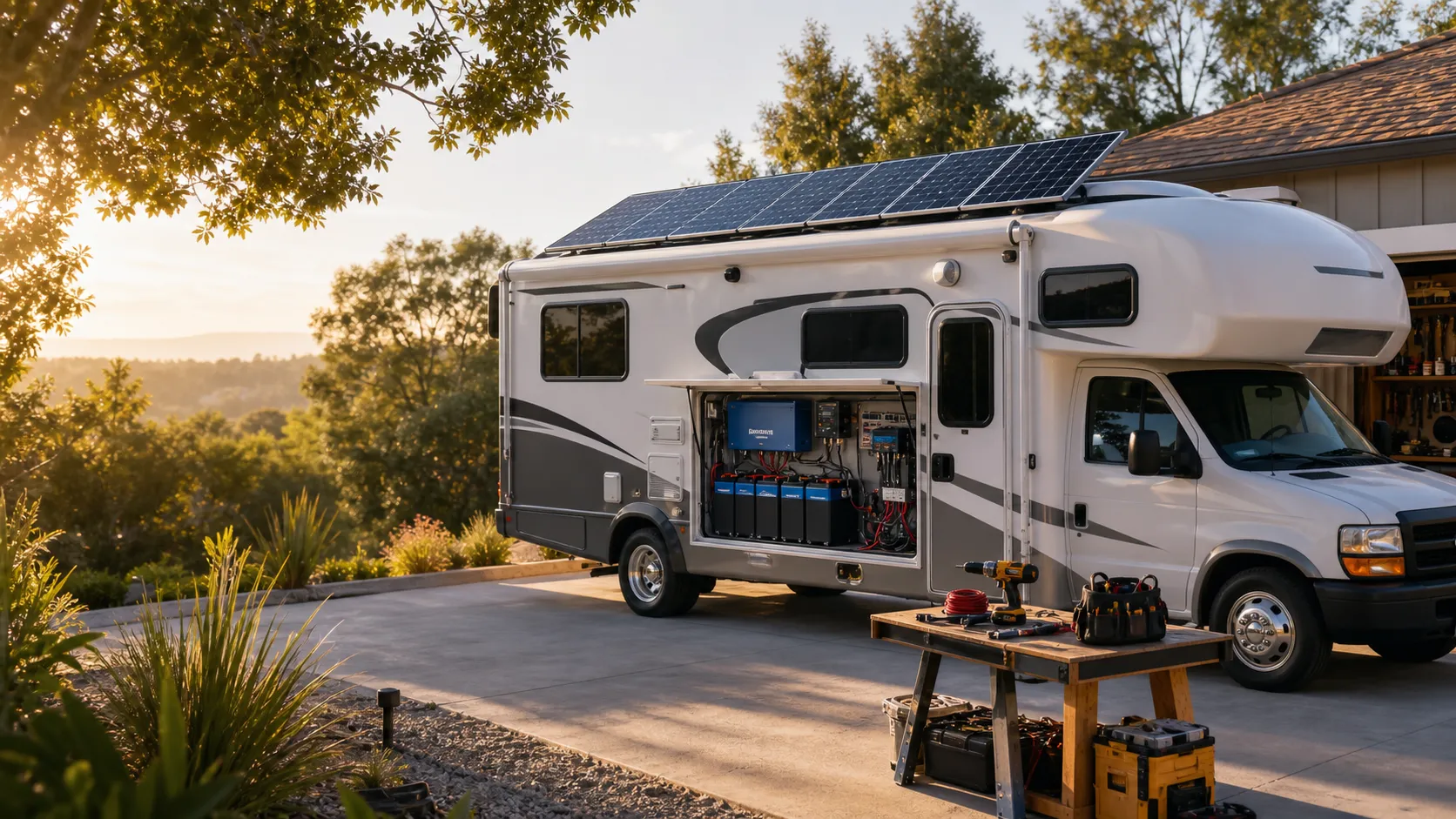 RV with rooftop solar panels and organized electrical work area